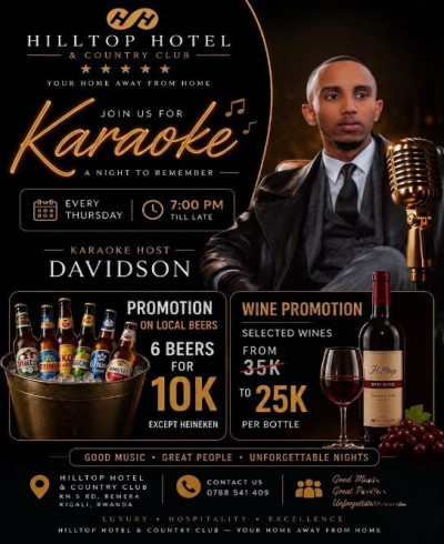 Thursday Nights Just Got Better!, Join us at Hilltop Hotel & Country Club for an unforgettable Karaoke Night with our amazing host, Davidson. Enjoy great music, exciting promotions on local beers and selected wines, and an incredible atmosphere.